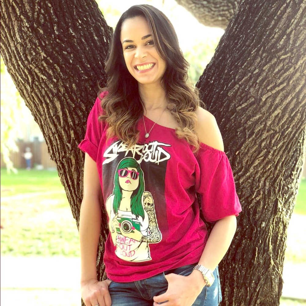 Swear Out Loud Camera Girl Off the Shoulder tee